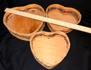 Set of Three Amish Made Heart-Shaped Woven Baskets with Wooden Bases