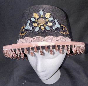 Embellished Black Top Hat with Pink Lace, Beaded Fringe & White Feather