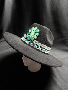 Black Western-Style Hat with Turquoise-Colored Appliqu & Lace Band