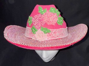 Pink Rhinestone Floral Western Cowboy Hat  Beaded Rose & Green Leaf Detail
