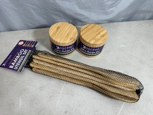 New Bamboo Cooking Utensil Set and 2 Bamboo Salt  Spice Storage Boxes