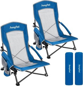 SUNNYFEEL Folding Low Beach Chair 2 Pack - Lightweight Portable Lawn Chair with Mesh Back & Cup Holder, Sand Chair Load up to 300lbs for Outdoor/Travel/Picnic/Concert