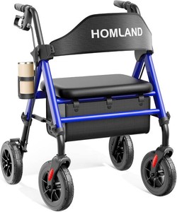 $156 HOMLAND Foldable Rollator Walkers for Seniors with Seat, 17 lb Lightweight  8 All-Terrain Rubber Wheels, Reinforced Aluminum Frame, Cup Holder, 16 Enlarged Seat, Height Adjustable, Easy Assembly