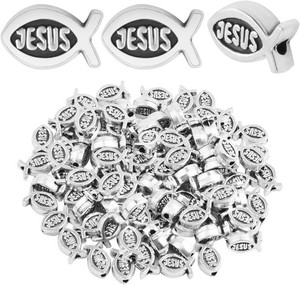 100pcs Jesus Fish Spacer Beads Religious Charm Beads Tibetan Alloy Christian Fish Shape Loose Beads for DIY Bracelet Necklace Jewelry Making Supplies
