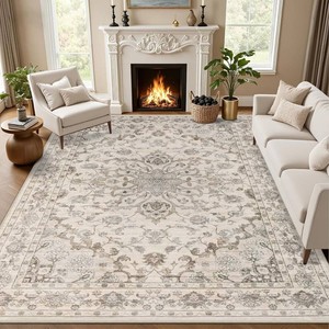 Area Rugs 9x12 Living Room Rug Washable Rug Soft Vintage Distressed Floral Carpet Indoor Non-Slip Stain Resistant Large Carpets for Bedroom Dining Room Farmhouse Nursery Home Office Brown Beige