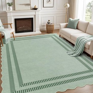 $140 Washable 8x10 Rugs for Living Room Bedroom, Non-Slip Sage Green Indoor Carpet for Dining Room Office, Ultra Thin Scalloped Soft Carpets for Kids Nursery Playroom