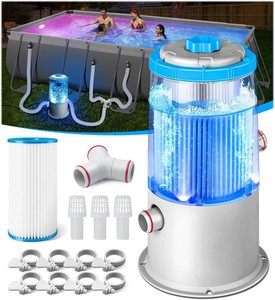 KimPump 1000 GPH Light-Up Pool Filter Pump for Above Ground PoolBuilt-in Blue LED Light,Transparent Housing for Real-Time Water Circulation &Filtration Monitor, Pool Cartridge Filter Pump System Cyan