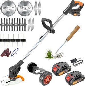 Electric Weed Wacker, 21V Cordless Lawn Trimmer with Metal Blades, Wheels, 2 x 2.0Ah Battery Powered Weed Wacker Eater, 3 in 1 Weed TrimmerGrass CutterLawn Edger for Yard Garden