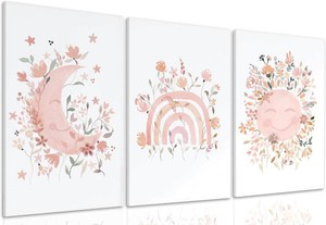 3PcsFramed Wildflower Nursery Canvas Wall Art Bohemian Sun and Moon Poster Prints Pink Floral Girls Room Decorative Painting for Nursery Baby Room Living Room Bedroom Home Decoration