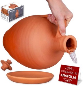 Hakan Anadolu Natural Clay Water Pitcher Set  Unglazed Terracotta Water Carafe & Plate  Traditional Small Mud Jug  Pottery Jar for Drinking Water (Large - 106 oz)