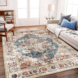 $139 CHAMPLANT Washable Area Rug 9x12 Beige Blue Boho Chic Medallion Distressed Design Non-Shedding Easy Care Ideal for High Traffic Areas in Living Room Bedroom Office Coffee Table Large Carpet