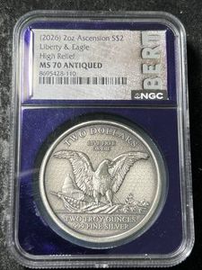 2 TROY OZ .999 FINE SILVER 2026 ASCENSION ROUND NGC MS70 ANTIQUED