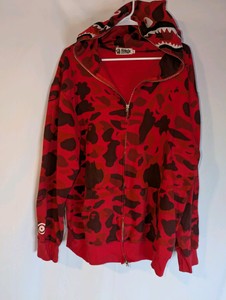 BAPE- Bathing Ape hoodie red, full-zip camo jacket, iconic shark graphic on the hood, XXL (MSRP $400-500)