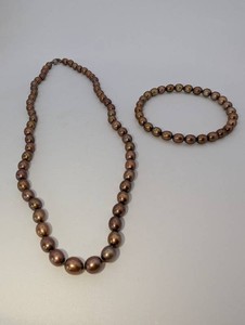 Honora Oval Genuine Chocolate Brown South Sea Pearl Necklace and Bracelet Set 925 Clasp