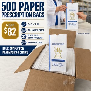 MSRP $125 New Open Case of 500 White Paper Pharmacy Prescription Bags  8  5  17 In., 28-Lb Size  Blue-and-Gold Thank You Design for Pharmacies and Clinics