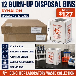MSRP $127 Lot of 2 Cases of Dynalon Bench-Model Burn-Up Disposal Bins  12 Bins Total, 10  8  8 In.  2-Mil Liners and Secure Closures for Laboratory Waste