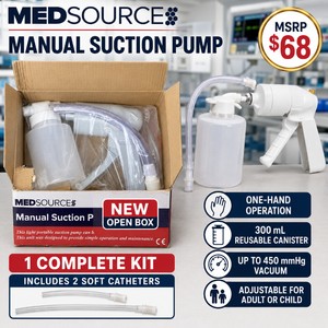 MSRP $68 New Open Box MedSource Portable Manual Suction Pump Kit  One-Hand Emergency Airway Operation  300 mL Reusable Canister, 450 mmHg Vacuum and 2 Soft Catheters