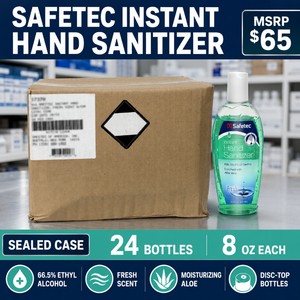 MSRP $65 Sealed Case of 24 Safetec Fresh-Scent Instant Hand Sanitizer Bottles  8 Oz. Disc-Top Bottles with 66.5% Ethyl Alcohol and Moisturizing Aloe