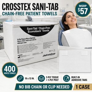 MSRP $57 Case of 400 Crosstex Sani-Tab Chain-Free White Patient Towels  19 x 13 In., 2-Ply Tissue Plus 1-Ply Poly  Built-In Adhesive Tabs Eliminate Bib Chains and Clips