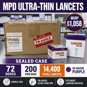 MSRP $1,058 Sealed Case of 14,400 MPD Ultra-Thin 26-Gauge Purple Lancets  72 Boxes, 200 Per Box  Single-Use Tri-Bevel Tips Compatible with Most Lancing Devices