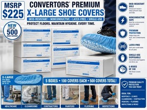 MSRP $225 New Lot of 500 Convertors Premium X-Large Disposable Shoe Covers  Skid-Resistant Soles, Nonconductive, Latex-Free, and Single-Use  5 Boxes of 100 for Healthcare, Cleanrooms, Contractors, Painters, Flooring, Inspections, and Resale