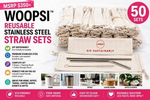 MSRP $350 50 New Woopsi Reusable Stainless Steel Straw Sets, 2 Food-Grade Stainless Steel Straws (1 Straight & 1 Bent), Cleaning Brush & Reusable Cotton Sip Sustainably Pouch, Eco-Friendly for Offices, Coffee Shops, Events & Gifts