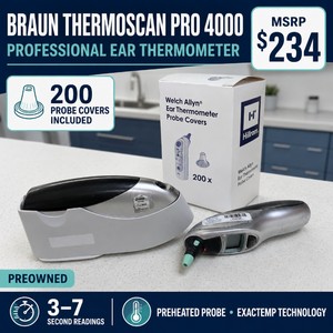 MSRP $234 Braun ThermoScan PRO 4000 Professional Ear Thermometer With Cradle and 200 Probe Covers  Preheated Probe and ExacTemp Technology  37 Second Readings - Works Great