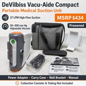 MSRP $434 Preowned DeVilbiss Vacu-Aide Compact Portable Medical Suction Unit With Power Adapter, Carry Case, Wall Bracket and Manual  27 LPM High Flow  50500 mm Hg Adjustable Vacuum