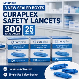 MSRP $78 3 New Sealed Boxes of Curaplex Pressure-Activated Safety Lancets  300 Total, 25 Gauge x 1.8 mm  Single-Use Design for Capillary Blood Sampling and Glucose Testing Exp 629