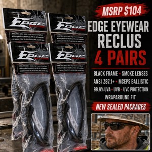 MSRP $104 New Lot of 4 Edge Eyewear Reclus BlackSmoke Safety Sunglasses  ANSI Z87.1 and MCEPS Ballistic Rated  99.9% UVA, UVB and UVC Protection