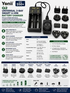 MSRP $50 Yonii Q2 Universal 2-Bay Smart Li-Ion Battery Charger With AC Power Adapter Plus 2 New Complete Sets of International Travel Plug Adapters (8 Adapters Total), Charges 18650, 21700, 26650 & More