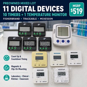 MSRP $519 Preowned Mixed Lot of 10 Digital Timers and 1 Fisherbrand Traceable Temperature Monitor  McKesson, Fisherbrand and SP  Count-Up, Countdown, Memory and Magnetic Mounting