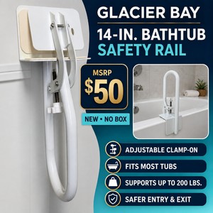 MSRP $50 NEW Glacier Bay 14 Bathtub Rail Safety Grab Bar  Adjustable Clamp-On Bathroom Assist Handle, Fits Most Tubs, Supports Up to 200 Lbs., Ideal for Seniors, Rehab, Post-Surgery &amp Handicap Accessibility - No Box