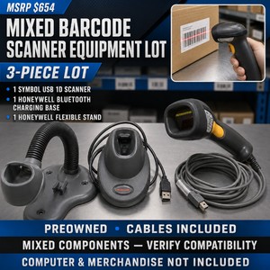 MSRP $654 Preowned 3-Piece Mixed Symbol and Honeywell Barcode Scanner Equipment Lot  USB 1D Scanner, Bluetooth Charging Base and Flexible Stand With Cables  Verify Compatibility