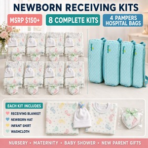 MSRP $150 New Lot of 8 Newborn Baby Receiving Kits with 4 Pampers Hospital Bags Includes Infant Receiving Blankets, Newborn Hats, Shirts &amp Washcloths Hospital Nursery, Labor &amp Delivery, Maternity, Baby Shower, Keepsake &amp New Parent Gift Set