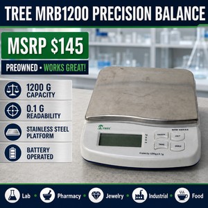 MSRP $145 Tree MRB1200 Digital Precision Laboratory Balance Scale wStainless Steel Platform 1200 Gram Capacity x 0.1 Gram Readability Bench Scale for Lab, Pharmacy, Jewelry, Industrial &amp Food Applications Works Great Battery Operated&nbsp
