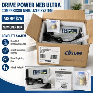 MSRP $75 Drive Power Neb Ultra Compressor Nebulizer System REF 18081 New Open Box Complete w Reusable &amp Disposable Neb Kits Aerosol Medication Delivery for Asthma COPD Bronchitis Respiratory Therapy Home Healthcare Adult Pediatric
