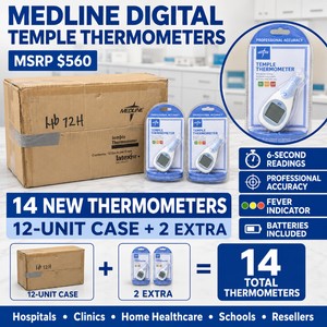 MSRP $560 Lot of 14 New Medline Digital Temple Thermometers, Professional Accuracy, 6-Second Readings, Fever Indicator, Batteries Included, Ideal for Hospitals, Clinics, Home Healthcare, Schools &amp Resellers