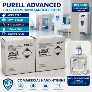 MSRP $220 New 2 Cases Purell Advanced LTX-12 1200 mL Foam Hand Sanitizer Refills, Fits GOJO LTX-12 Touch-Free Dispensers, Commercial Grade for Hospitals, Schools, Offices, Restaurants &amp Healthcare