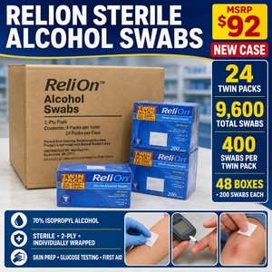 MSRP $92 New Case of 24 ReliOn Twin-Pack Sterile Alcohol Swabs  9,600 Total Individually Wrapped 2-Ply Pads  70% Isopropyl Alcohol for Skin Prep, Glucose Testing and First Aid