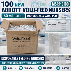 MSRP $180 New Box of 100 Abbott Volu-Feed� Disposable Nursers, 60 mL Capacity, For StrongBabies Feeding System, Ideal for NICU, Neonatal, Pediatric, Hospital &amp Institutional Infant Feeding