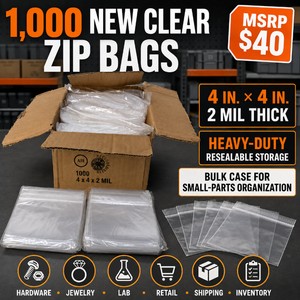 MSRP $40 New Open Box Case of 1,000 Heavy-Duty 4  4 2 Mil Clear Zip Lock Storage Bags, Perfect for Hardware, Fasteners, Jewelry, Medical, Laboratory, Retail, Shipping, Inventory &amp Small Parts Organization
