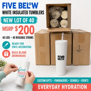 MSRP $200 NEW 40 Five Below White Insulated Tumblers with Lids &amp Reusable Straws, Ideal for Vinyl Decorating, Custom Gifts, Fundraisers, Schools, Events &amp Everyday Hydration