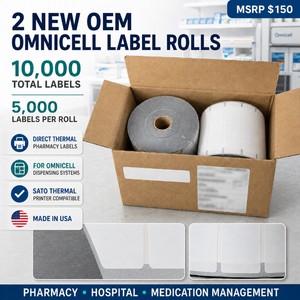 MSRP $150 New Box of 2 OEM Omnicell Direct Thermal Pharmacy Label Rolls (10,000 Labels Total), Item #490264, For Omnicell Medication Dispensing Systems &amp SATO Thermal Label Printers, Made in USA