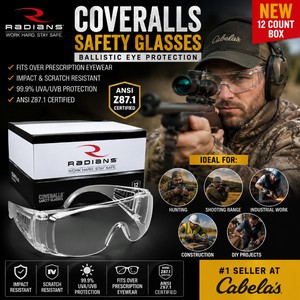 NEW box (12 Ct) Cabellas #1 Seller Radians Coveralls Shooting Safety Glasses Ballistic Eye Protection Fits Over Eyewear  Impact &amp Scratch Resistant ANSI Z87.1 Certified Ideal for HuntingShooting RangeIndustrial Work 99.9% UVAUVB Protection