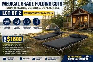 MSRP $1600 Lot Of 2 NEW In Box Medical Grade Folding Camping Cots With Mattresses &amp IV Poles Approx 82x32x19 450lb Capacity Great For Cabins, Youth Groups, Emergency Deployment, Airbnb, Jobsites, Dorms Etc.