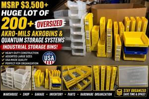MSRP $3,500 Huge Lot Of 200 Oversized Akro-Mils AkroBins &amp Quantum Storage Systems USA-Made Industrial Storage Bins Heavy-Duty Assorted Sizes For Warehouse, Shop, Garage, Inventory, Parts &amp Hardware Organization - Great Clean Condition