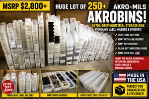 MSRP $2,800 Huge Lot Of 250 Akro-Mils AkroBins Extra-Deep Industrial Storage Bins With Many Label Holders &amp Dividers, Heavy-Duty Parts Organizers For Warehouse, Shop, Garage, Inventory, Hardware &amp Manufacturing - Great Clean Condition