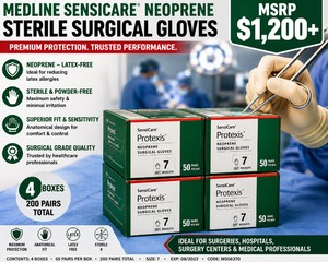 MSRP $1,200 Lot of 4 Boxes Medline SensiCare� Neoprene Sterile Surgical Gloves, Size 7, 50 Pairs per Box (200 Pairs Total), Latex-Free, Powder-Free, Anatomical Fit, Premium Surgical Grade, Ideal for Hospitals, Surgery Centers &amp Medical Professionals