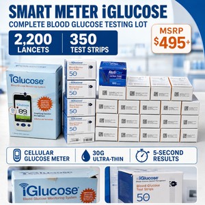 MSRP $495 NEW LOT SMART METER IGLUCOSE CELLULAR BLOOD GLUCOSE METER, 350 TEST STRIPS &amp 2,200 IGLUCOSERELION 30G ULTRA-THIN STERILE LANCETS, 5-SECOND RESULTS, AUTOMATIC DATA SHARING &amp REMOTE MONITORING FOR CONVENIENT DIABETES MANAGEMENT